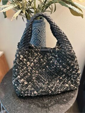 Falor Woven Italian Soft Genuine Leather And Tweed Hand Bag Black Green Tan